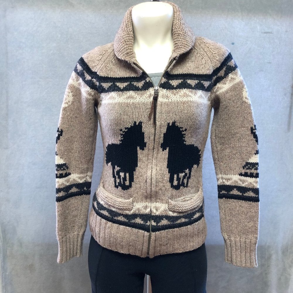 Aritzia TNA 100% Lambs wool Sea To Sky Knitted Horse Zip Up Cardigan Sweater MD - Picture 1 of 9